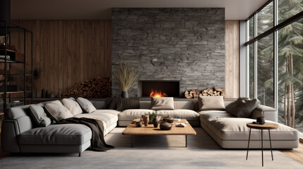 Fireplace in modern luxury living room