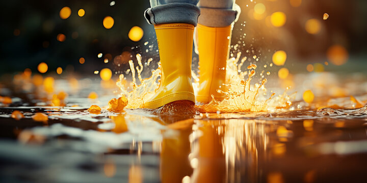 
Close-up of yellow rubber boots in a puddle, with splashes, spring background