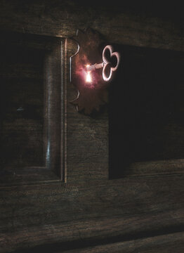 3D rendering of a mysterious wooden and metal lock and key concept art with glowing light coming from the keyhole