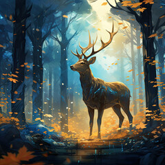 A deer in the blue woods.	
