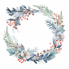 Merry Christmas and Happy New Year card, Watercolor winter floral wreath, tree branches