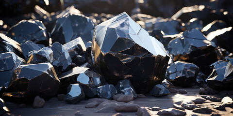 Black shiny rocks create a backdrop of sleek, natural elegance, their surfaces reflecting light in a play of shadows