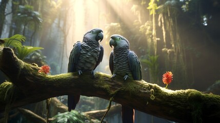 A pair of grey parrots perched on a moss-covered branch, their feathers dappled with sunlight filtering through the leaves.
