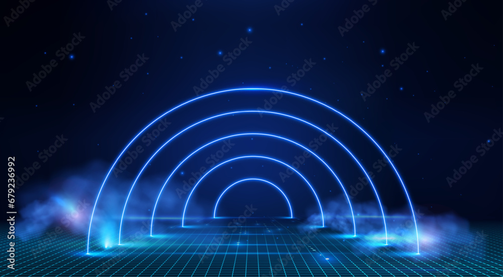 Aufkleber neon blue digital arcs on a dark grid background, symbolizing high-tech connectivity and futuristic 