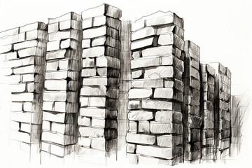Pencil black and white drawing sketch, brick wall.