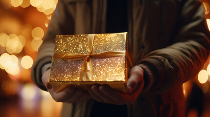Fototapeta na wymiar man holding golden gift box 