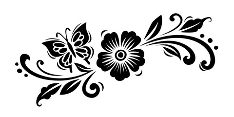 Black stylized floral pattern with a butterfly on a white background.