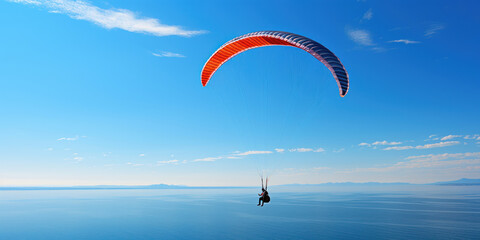 Soaring high above the sea, the paraglider is a speck of color against the vast blue canvas of the ocean