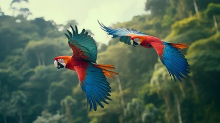 A pair of scarlet macaws in mid-flight, their wings outstretched as they glide through the canopy of a lush rainforest.