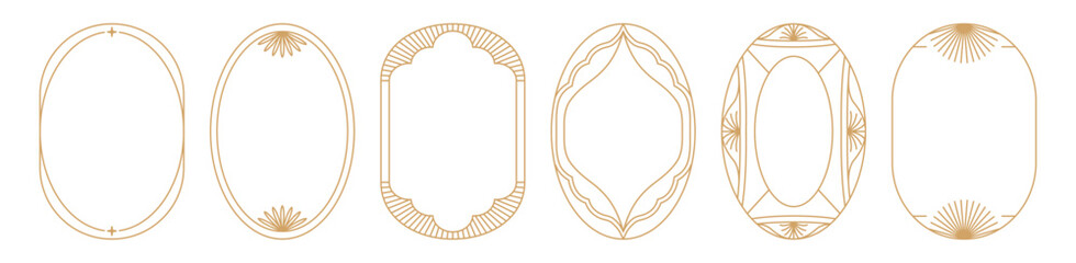 Vector set of design elements and illustrations in simple linear style - oval boho logo design elements and frames for social media stories and posts with copy space for text..