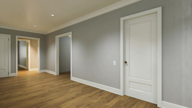 3D video animation of an empty apartment without furniture or decor.