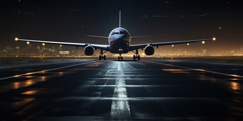 Glow of the runway guides the plane, a beacon in the night directing it towards new horizons