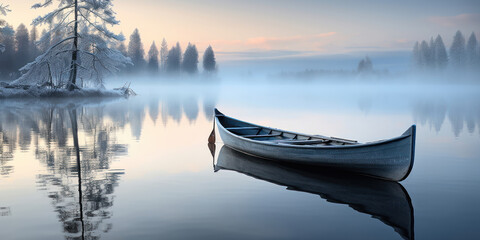 The canoe lies still on the lake glassy surface, cradled by the fog ethereal caress - obrazy, fototapety, plakaty
