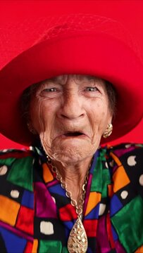 Vertical video of excited happy fisheye portrait of funny elderly woman with red hat and no teeth isolated on red background.