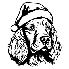 Cute English Cocker Spaniel Dog wearing Santa hat head, Christmas illustration, Generative AI.