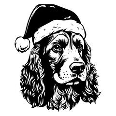 Cute English Cocker Spaniel Dog wearing Santa hat head, Christmas illustration, Generative AI.