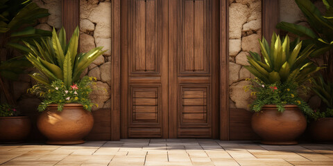 Wooden door stands as a warm welcome, flanked by the greenery of a potted plant