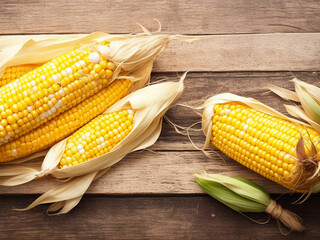 Top view fresh raw corn yellow plant on a dark-light table color green photo