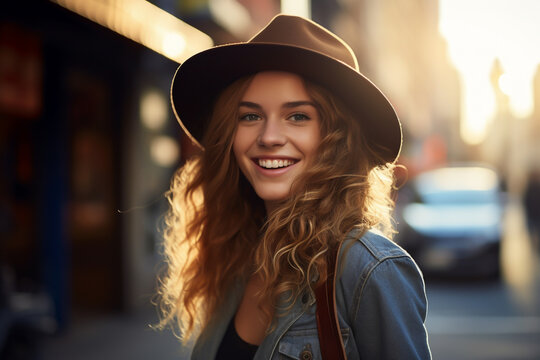 Portrait of young woman or teenager with hat and long hair smiling into the camera - topic influencer, generation Z, fashion and lifestyle