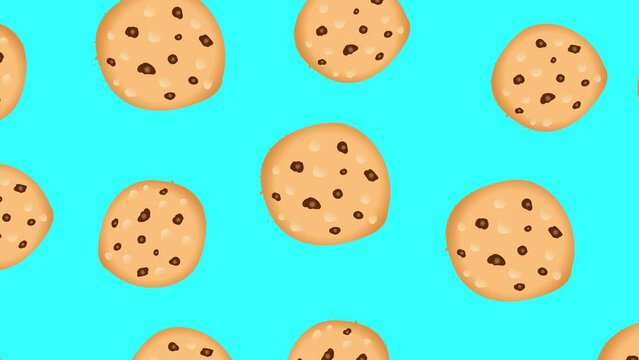 Rotating cartoon chocolate chip cookies on a blue screen. Animation with the concept of delicious food. Looped 4K background with baked goods.