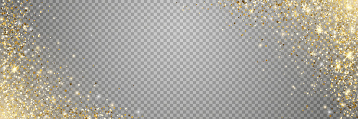 Gold glitter light border. Christmas banner. Holiday magic star effect frame. Golden flying particle. Twinkle fairy bulb. Shine luxury confetti. Sparkle bokeh. Festive party. Vector illustration - obrazy, fototapety, plakaty