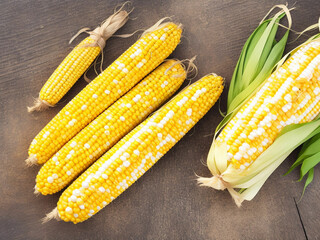 Top view fresh raw corn yellow plant on a dark-light table color green photo