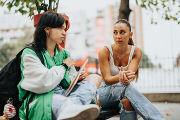 Fototapeta premium Two Girls Enjoying Outdoor Study Session, Helping Each Other with Homework