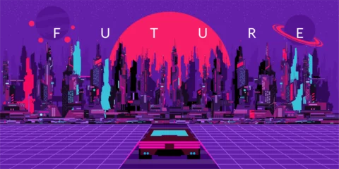 Foto op Plexiglas Colorful Abstract Futuristic Sci-fi Cyber Space City Landscape And A Car On The Road Background © Anton Kustsinski