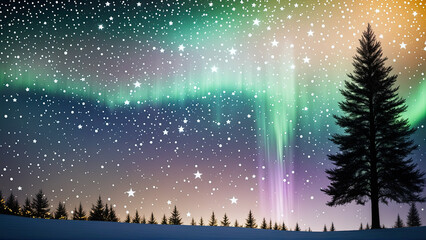 a starry night sky scene with green and purple aurora and christmas tree in foreground - obrazy, fototapety, plakaty