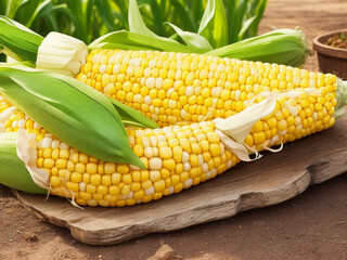 Top view fresh raw corn yellow plant on a dark-light table color green photo