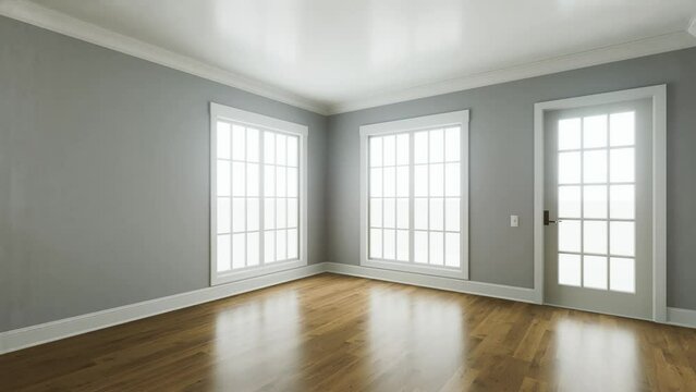 3D video animation of an empty apartment without furniture or decor.