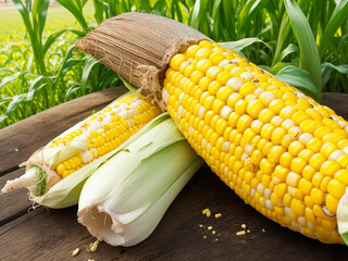Top view fresh raw corn yellow plant on a dark-light table color green photo