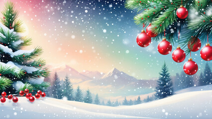 christmas background with christmas tree, ornaments, mountains and snowfall