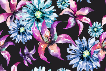 Seamless pattern of colorfull flowers drawn with watercolor.For the design of the wallpaper or fabric, vintage style.Blooming flower painting for summer.Botany background.
