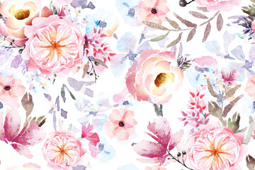 Seamless pattern of blooming flowers painted in watercolor on abstract background.For fabric luxurious and wallpaper, vintage style.Hand drawn botanical floral colorful pattern.