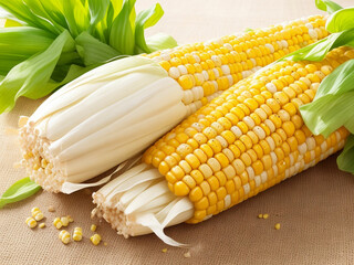 Top view fresh raw corn yellow plant on a dark-light table color green photo