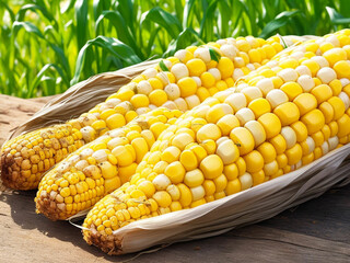 Top view fresh raw corn yellow plant on a dark-light table color green photo