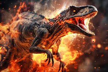 A terrible dinosaur Velociraptor with an open huge mouth against a background of fire and smoke in the burning primeval jungle. Death of the dinosaurs.