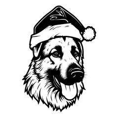 Cute german shepherd Dog wearing Santa hat head, Christmas illustration, Generative AI.