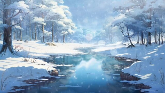Cozy Anime style Winter Forest with Half Frozen River and Falling Snow. Looping Animated Background / Wallpaper. Vtuber Backdrop. Seamless Loop. Generated with AI