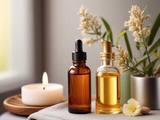 Fototapeta na wymiar Aromatherapy essential oil in glass bottles on table in bathroom