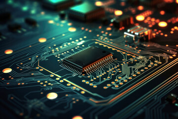 Obraz premium Motherboard of a computer or other electronic equipment. Close-up. Powerful multi-core processor.