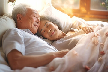 Asian elderly couple in love, man and woman in bed in the morning. Love and romance of two people. Tenderness and relaxation. Happy morning for lovers. Valentine's Day.