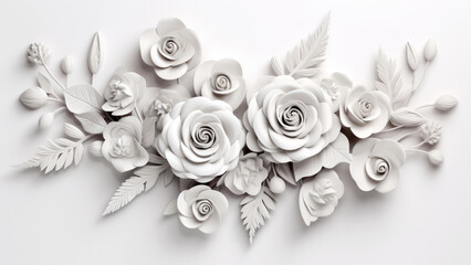 Elegant composition of white paper rose flowers and leaves on minimal light background. Nature decor concept