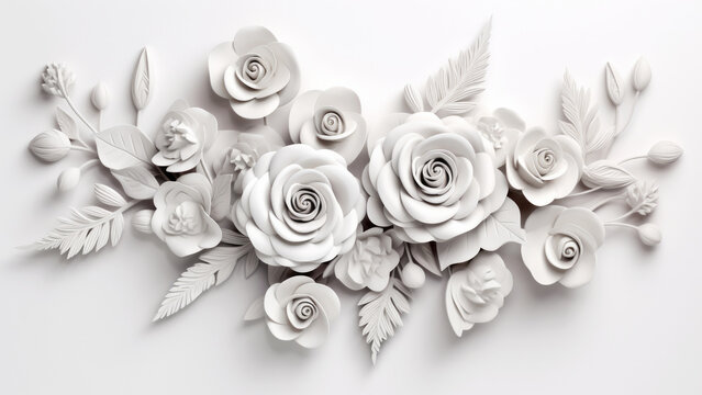 Elegant composition of white paper rose flowers and leaves on minimal light background. Nature decor concept - Powered by Adobe