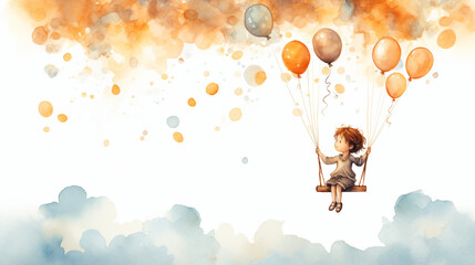 たくさんのカラフルな風船で浮かぶブランコで空を飛ぶ男の子の水彩イラスト - obrazy, fototapety, plakaty