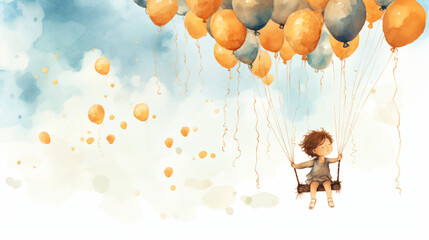 たくさんの青とオレンジ色の風船で浮かぶブランコで空を飛ぶ男の子の水彩イラスト - obrazy, fototapety, plakaty