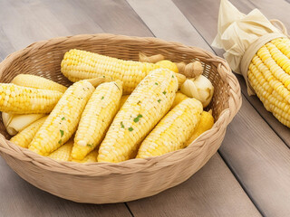 Top view fresh raw corn yellow plant on a dark-light table color green photo