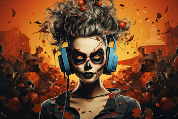 Futuristic Retro Halloween Party with Energetic DJ in a Post-Apocalyptic Cityscape