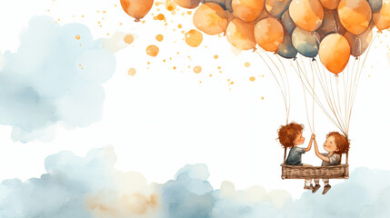 たくさんのオレンジと青色の風船で浮かぶブランコで空を飛ぶ男の子の水彩イラスト - obrazy, fototapety, plakaty